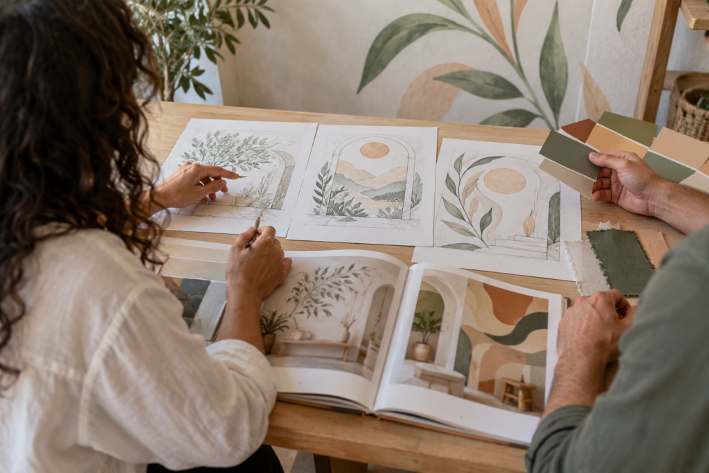 Artist and client reviewing mural sketches, a portfolio and paint colour samples.