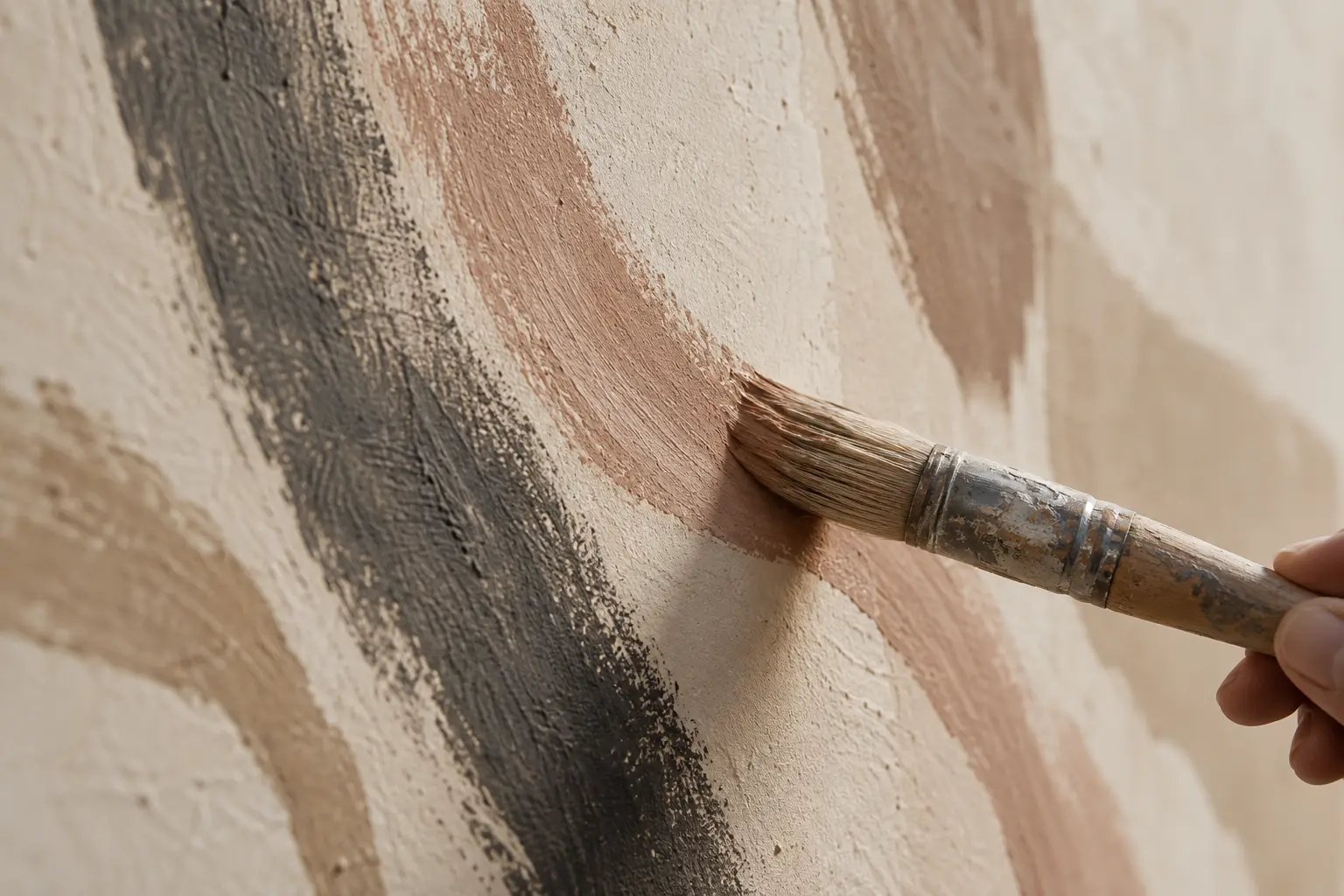 Close detail of a brush applying muted paint to a textured mural wall