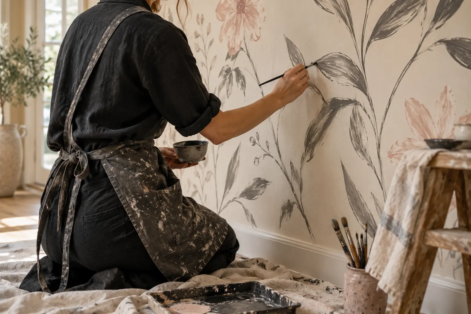 Concept image of a mural artist hand-painting botanical details on an interior wall