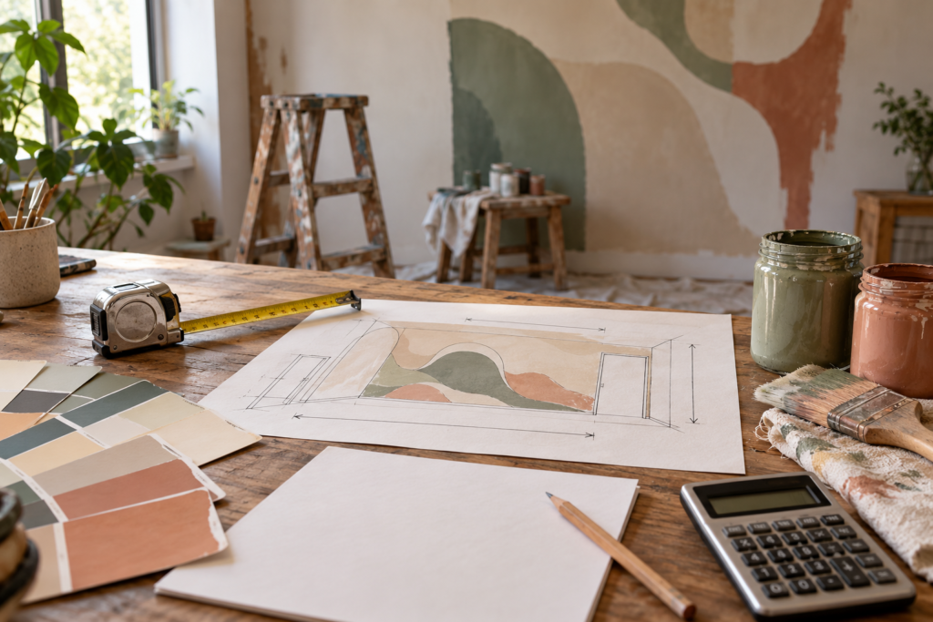 Mural sketch, measuring tape, paint samples and calculator on a studio worktable.