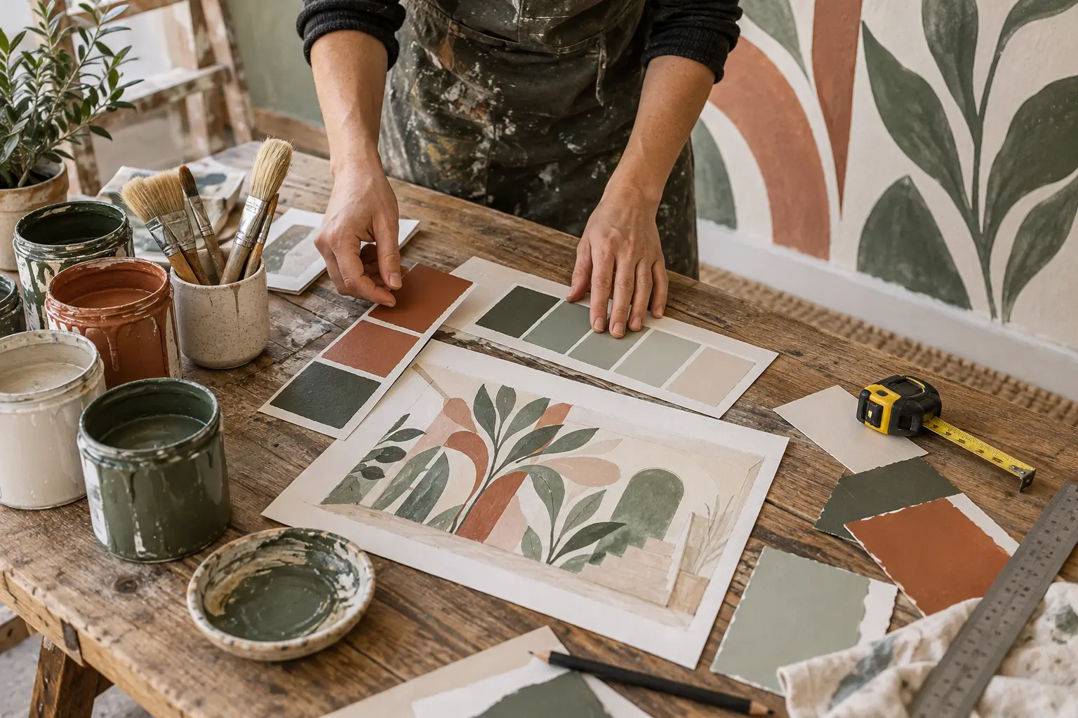 Paint colours, brushes and mural concept artwork prepared for a custom mural project