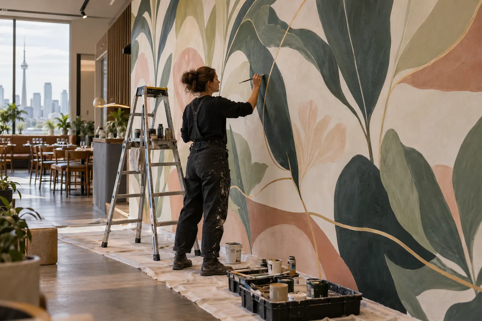 Professional Toronto mural artist painting a large custom mural in a commercial interior