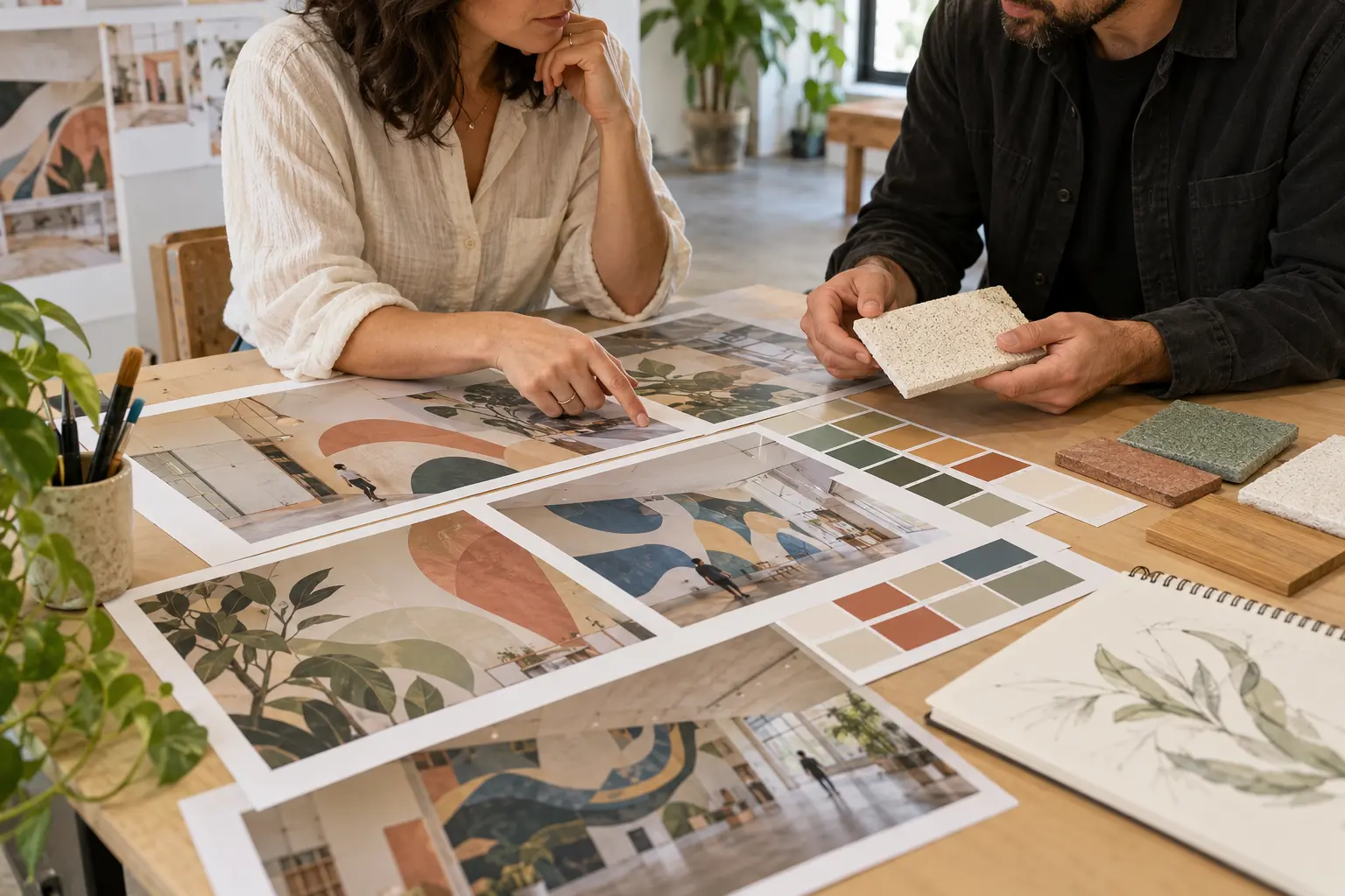 Client reviewing a mural artist portfolio and colour samples in a Toronto studio
